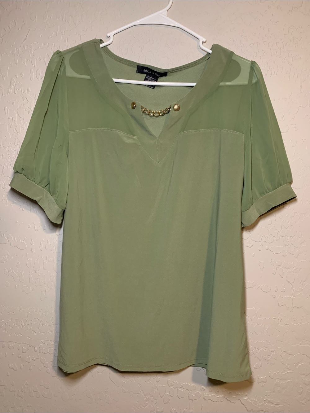 Adele & May Light Olive Short Sleeve Blouse with Gold Chain Accent